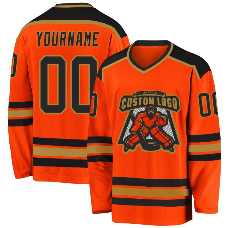 Personalized Orange Black-Old Gold Hockey Jersey