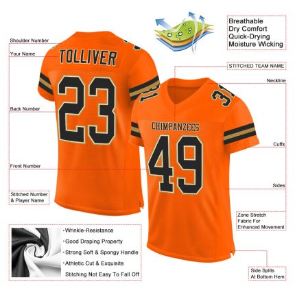Personalized Orange Black-Old Gold Mesh Authentic Football Jersey Team Custom Name and Number