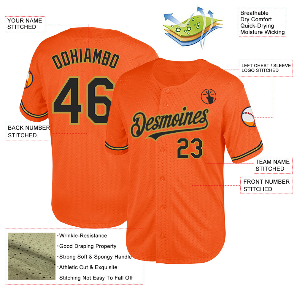 Personalized Orange Black-Old Gold Mesh Authentic Throwback Baseball Jersey Team Custom Name and Number Personalized Orange Black-Old Gold Mesh Authentic Throwback Baseball Jersey Team Custom Name and Number - Image 3