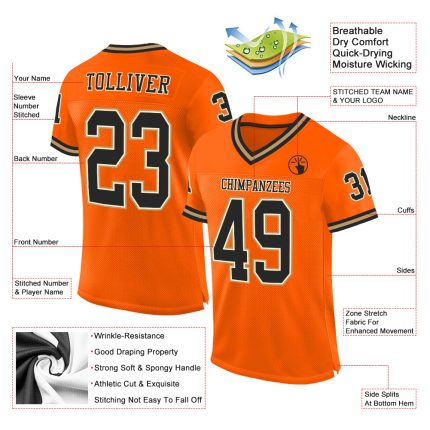 Personalized Orange Black-Old Gold Mesh Authentic Throwback Football Jersey