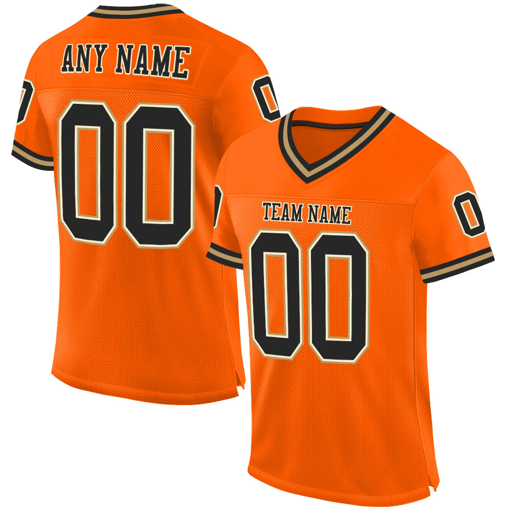 Personalized Orange Black-Old Gold Mesh Authentic Throwback Football Jersey