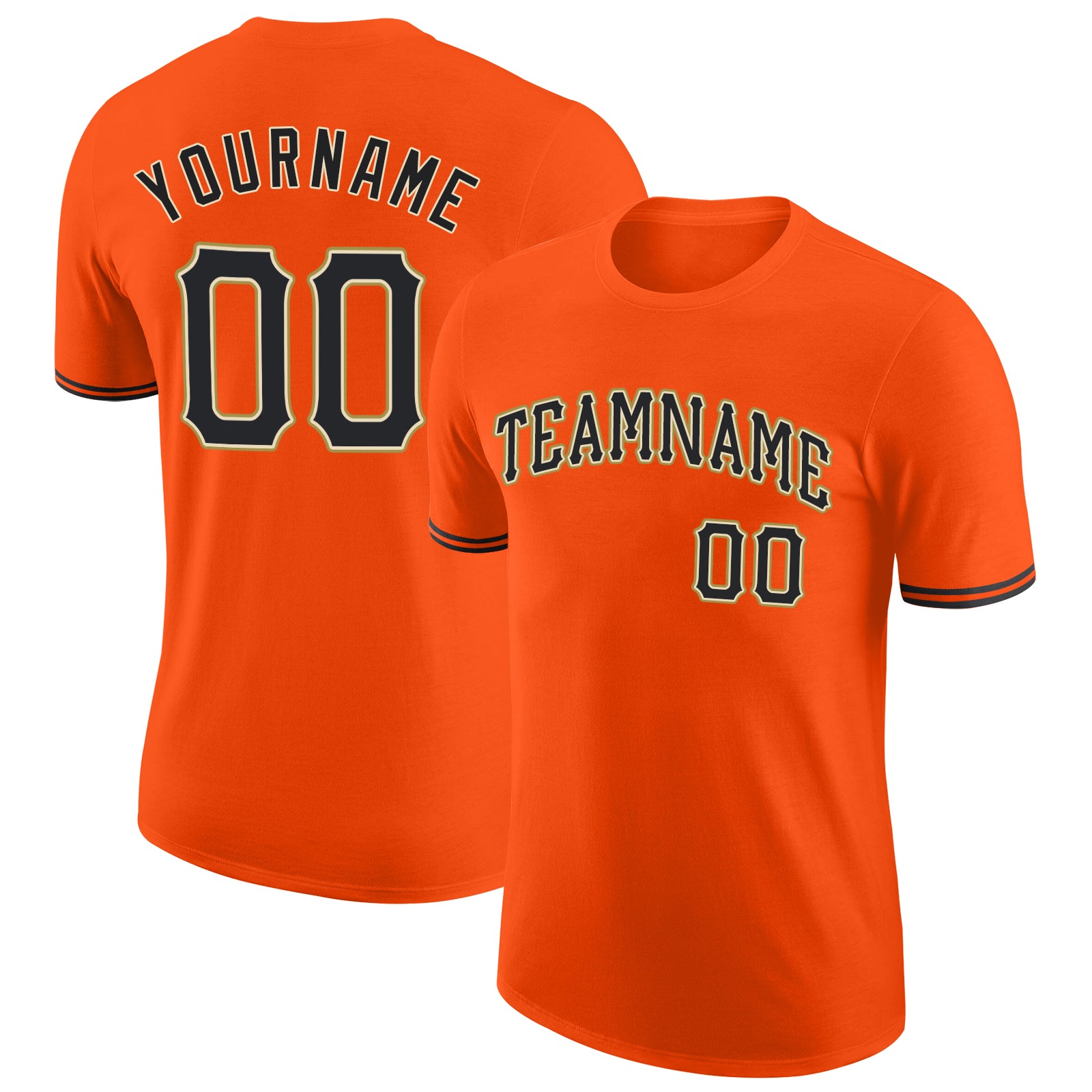 Personalized Orange Black-Old Gold Performance T-Shirt Team Custom Name and Number