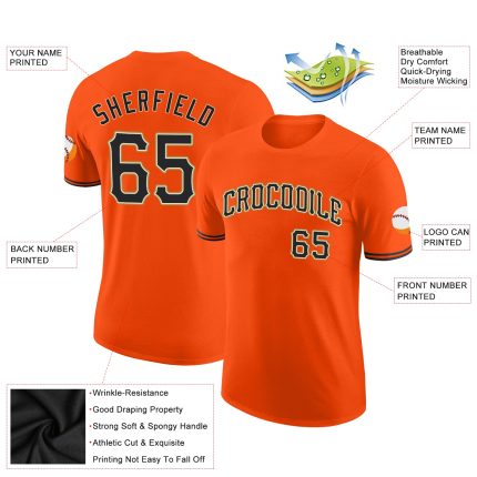 Personalized Orange Black-Old Gold Performance T-Shirt Team Custom Name and Number