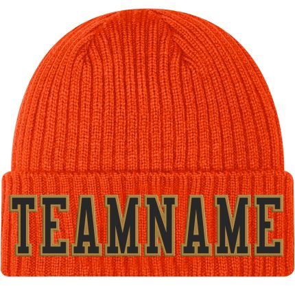 Personalized Orange Black-Old Gold Stitched Cuffed Knit Hat Team Custom Name and Number
