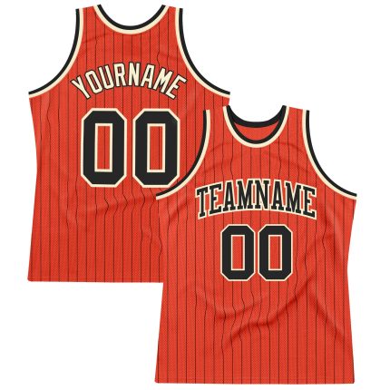 Personalized Orange Black Pinstripe Black-Cream Authentic Basketball Jersey Team Custom Name and Number