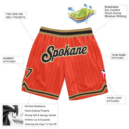 Personalized Orange Black Pinstripe Black-Old Gold Authentic Basketball Shorts Team Custom Name and Number