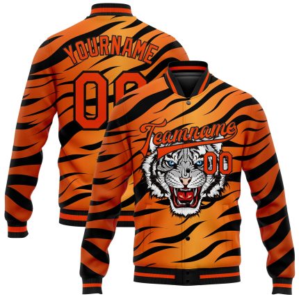 Personalized Orange Black Tiger 3D Pattern Design Bomber Full-Snap Varsity Letterman Jacket Team Custom Name and Number