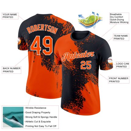 Personalized Orange Black-White 3D Pattern Design Abstract Brush Stroke Performance T-Shirt Team Custom Name and Number