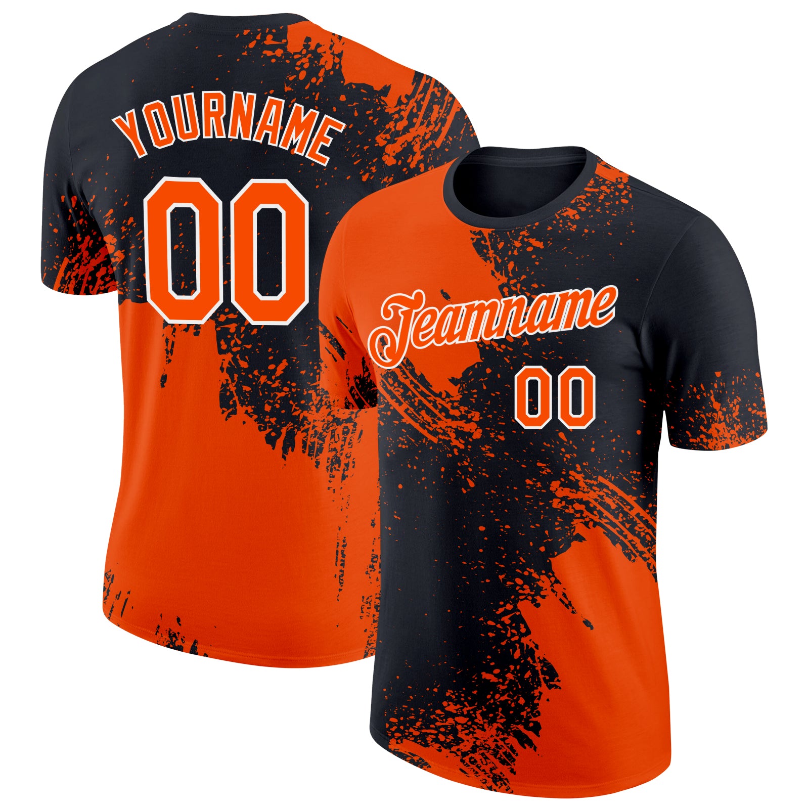 Personalized Orange Black-White 3D Pattern Design Abstract Brush Stroke Performance T-Shirt Team Custom Name and Number