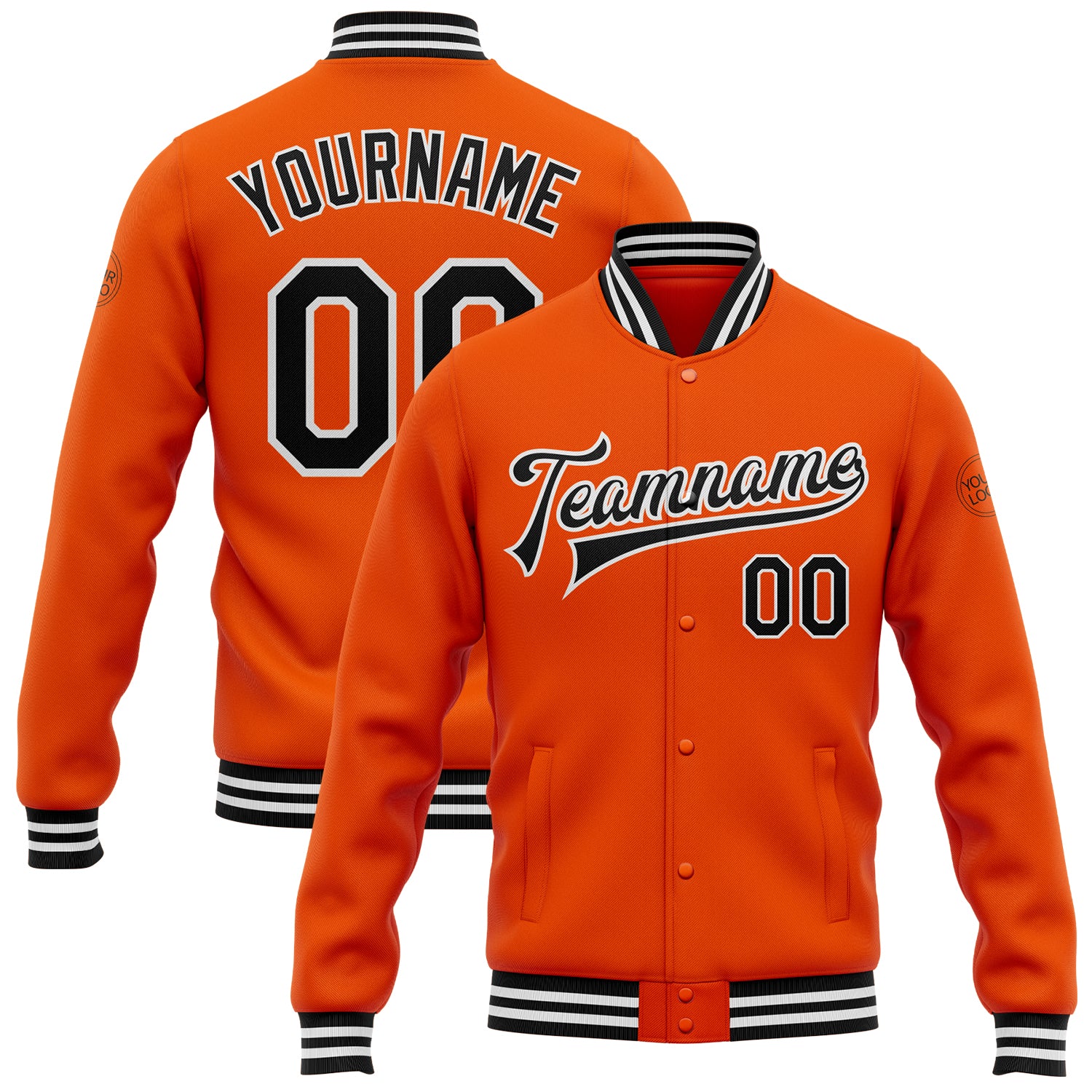 Personalized Orange Black-White Bomber Full-Snap Varsity Letterman Jacket Team Custom Name and Number