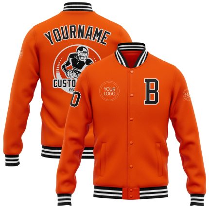 Personalized Orange Black-White Bomber Full-Snap Varsity Letterman Jacket