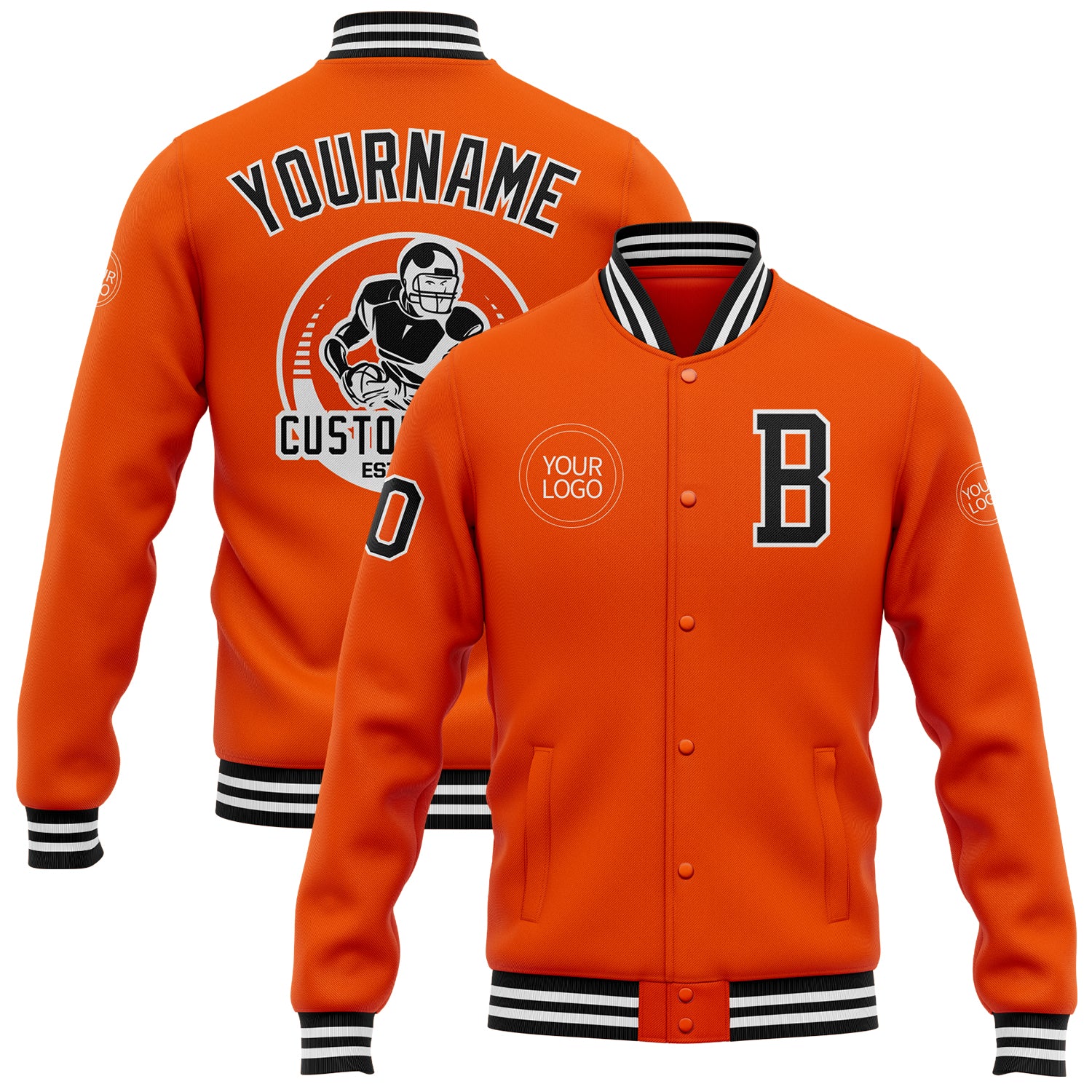 Personalized Orange Black-White Bomber Full-Snap Varsity Letterman Jacket