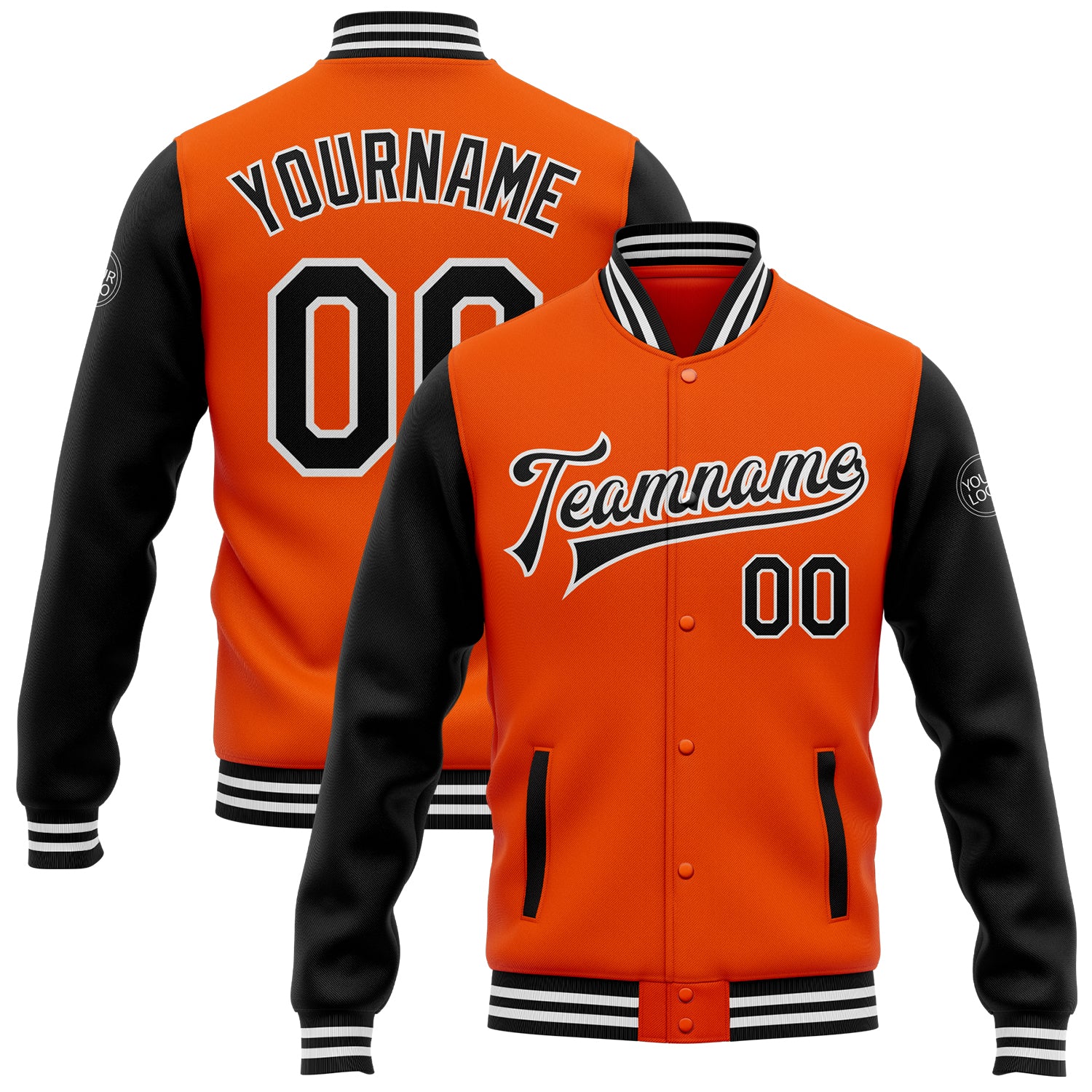 Personalized Orange Black-White Bomber Full-Snap Varsity Letterman Two Tone Jacket Team Custom Name and Number