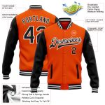 Personalized Orange Black-White Bomber Full-Snap Varsity Letterman Two Tone Jacket Team Custom Name and Number