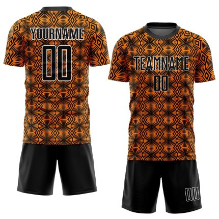 Personalized Orange Black-White Geometric Shapes Sublimation Soccer Uniform Jersey Team Custom Name and Number