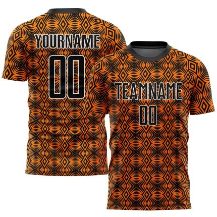 Personalized Orange Black-White Geometric Shapes Sublimation Soccer Uniform Jersey Team Custom Name and Number