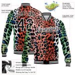 Personalized Orange Black-White Leopard Print 3D Pattern Design Bomber Full-Snap Varsity Letterman Jacket Team Custom Name and Number