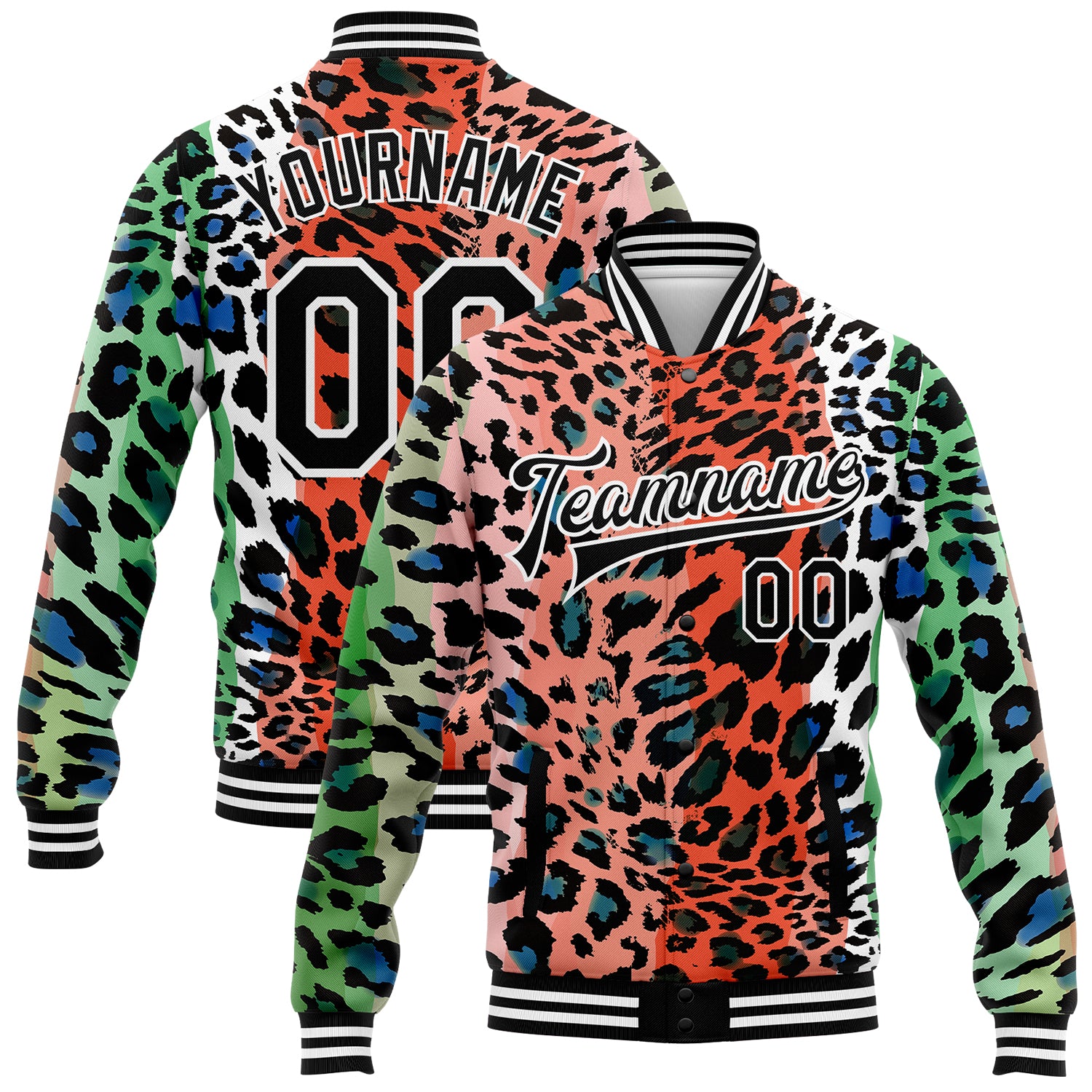 Personalized Orange Black-White Leopard Print 3D Pattern Design Bomber Full-Snap Varsity Letterman Jacket Team Custom Name and Number