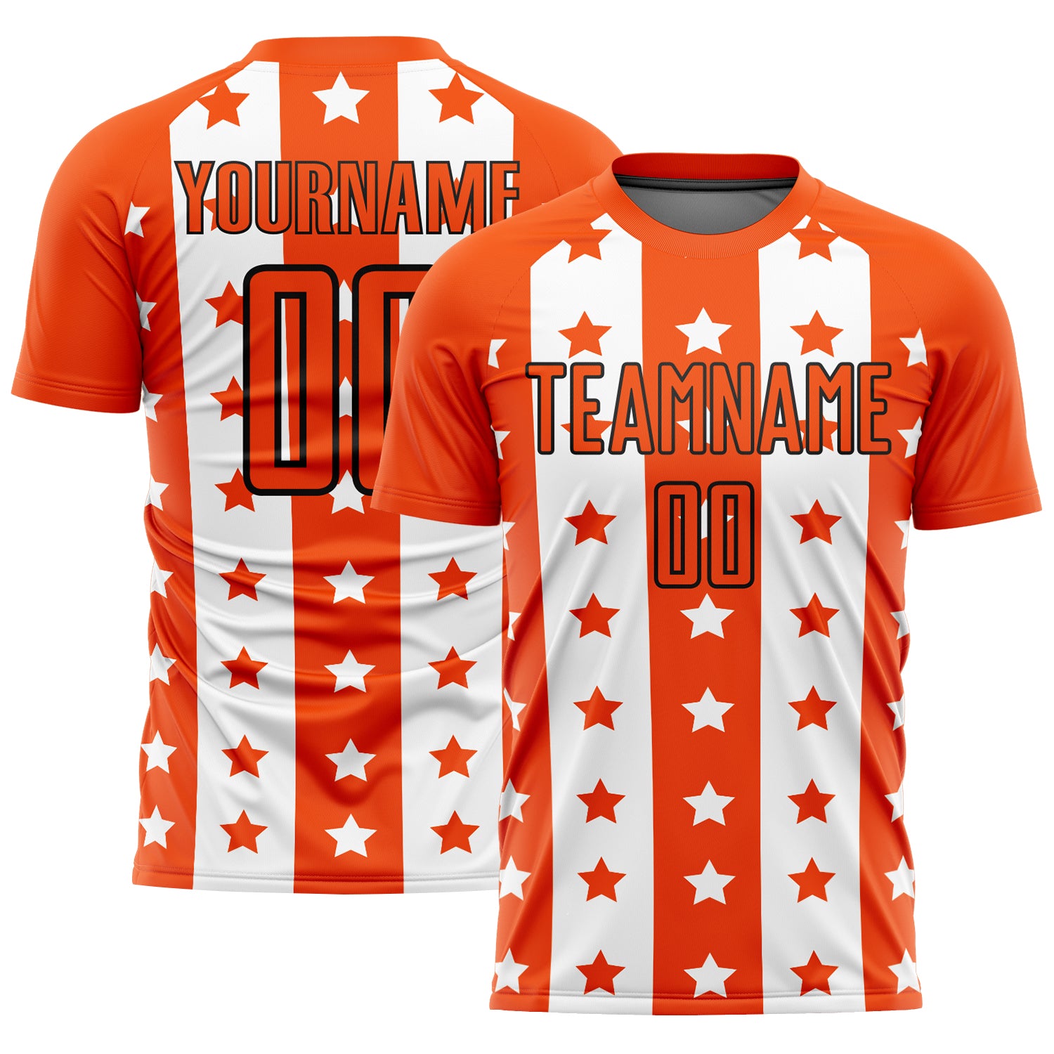 Personalized Orange Black-White Stars And Stripes Sublimation Soccer Uniform Jersey Team Custom Name and Number