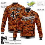 Personalized Orange Black-White Tiger Stripes 3D Pattern Design Bomber Full-Snap Varsity Letterman Jacket Team Custom Name and Number