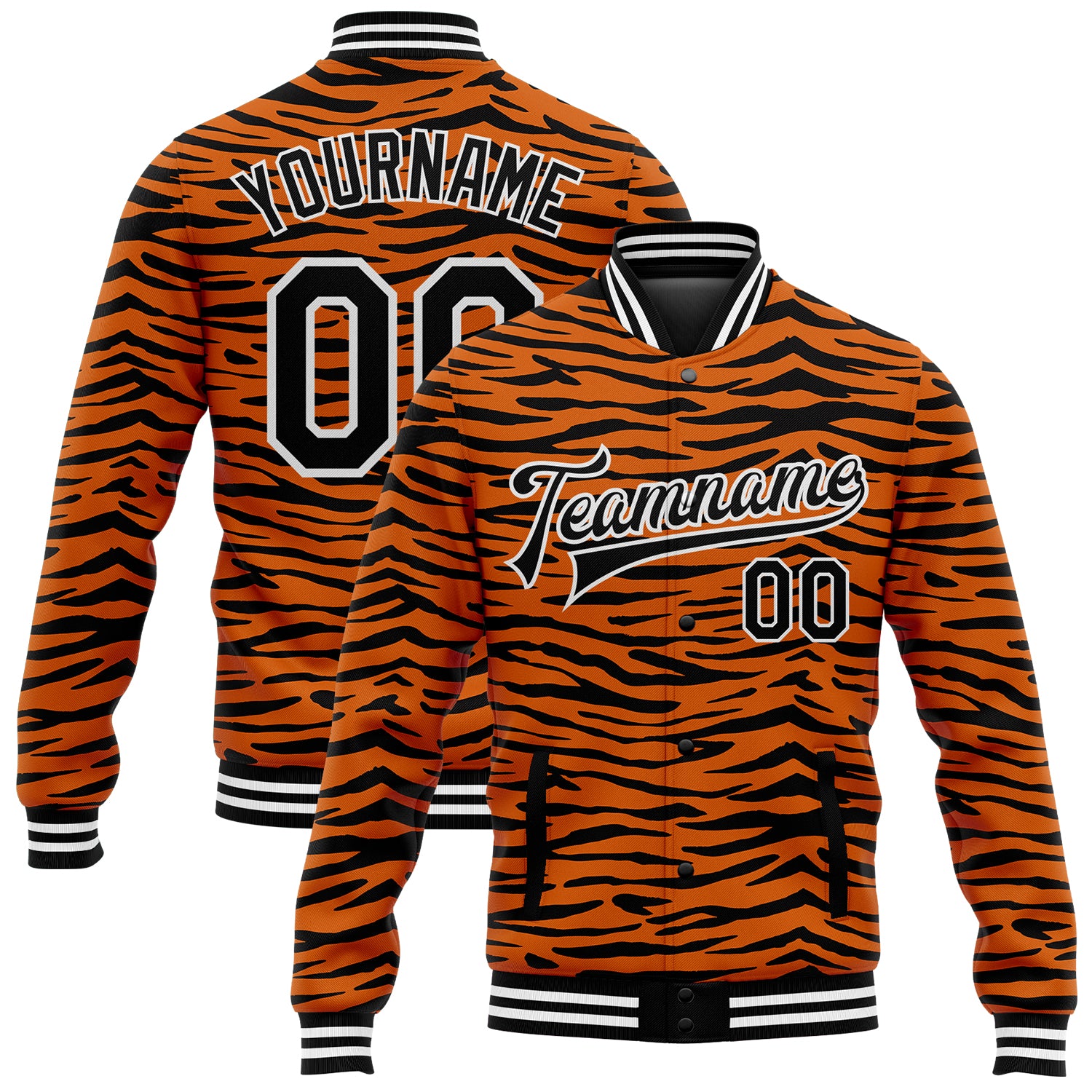 Personalized Orange Black-White Tiger Stripes 3D Pattern Design Bomber Full-Snap Varsity Letterman Jacket Team Custom Name and Number