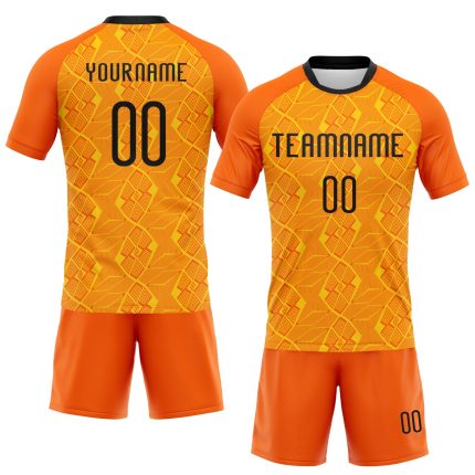 Personalized Orange Black-Yellow Geometric Shape Sublimation Volleyball Uniform Jersey Team Custom Name and Number