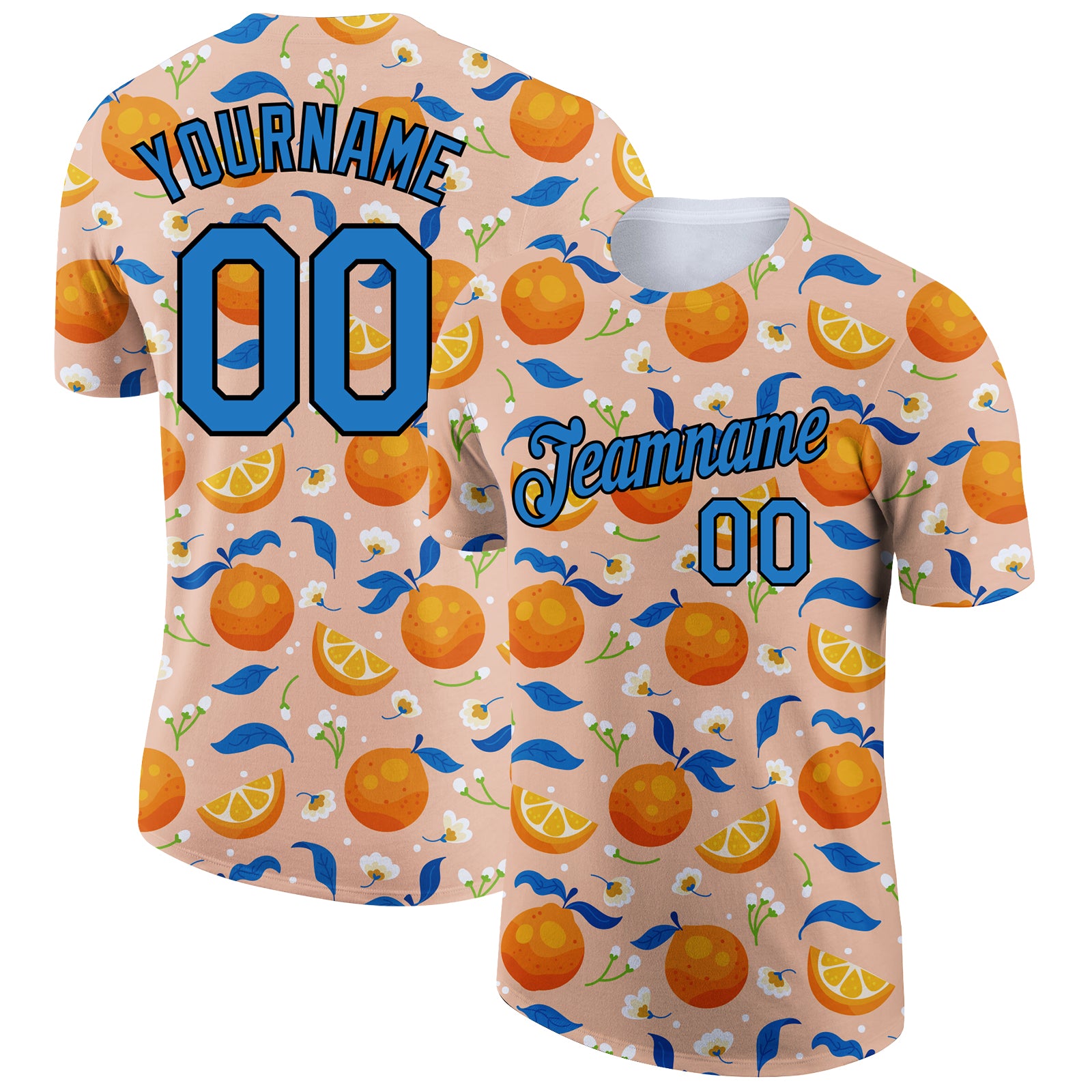Personalized Orange Blue-Black 3D Pattern Design Summer Holiday Fruit And Flower Performance T-Shirt Team Custom Name and Number