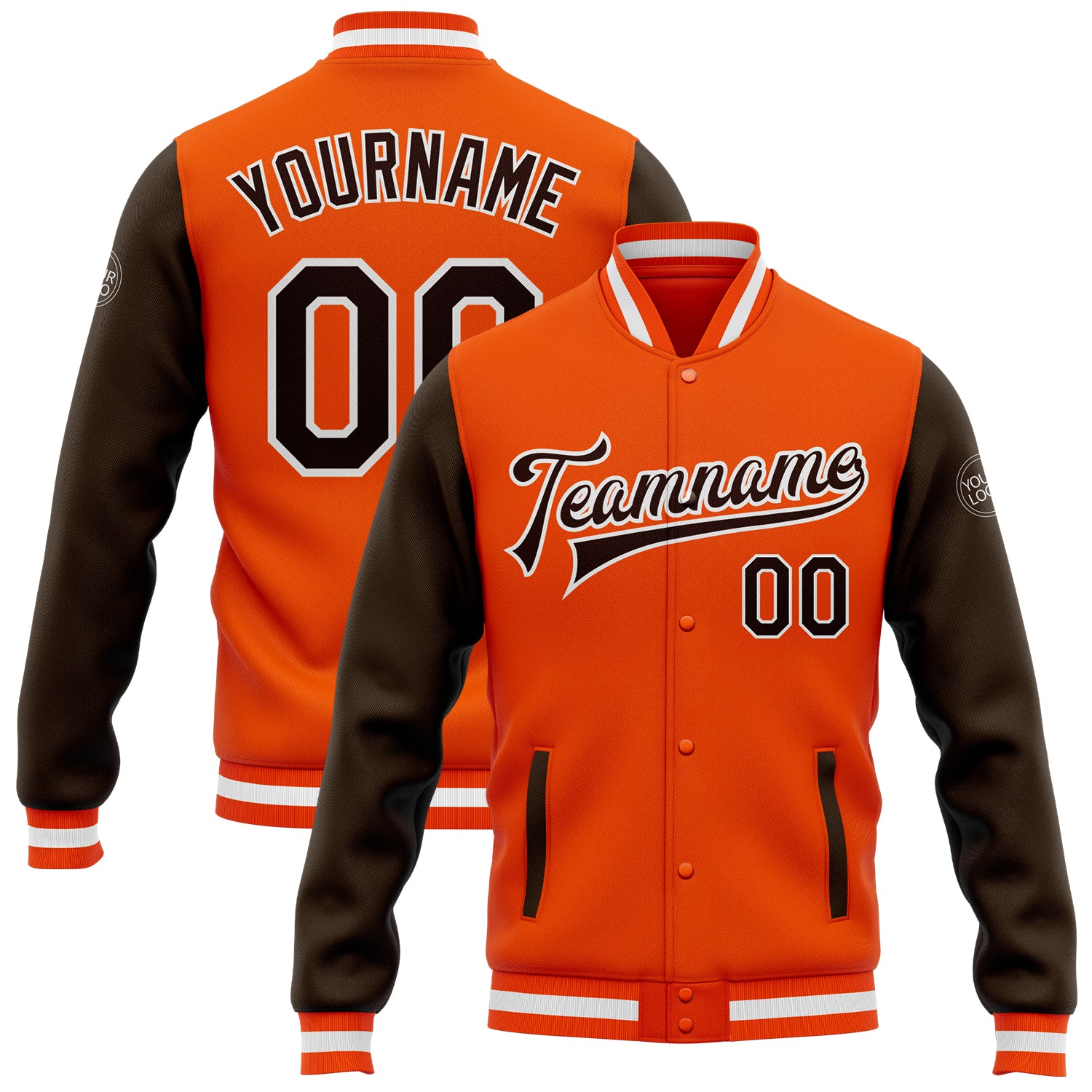 Personalized Orange Brown-White Bomber Full-Snap Varsity Letterman Two Tone Jacket Team Custom Name and Number