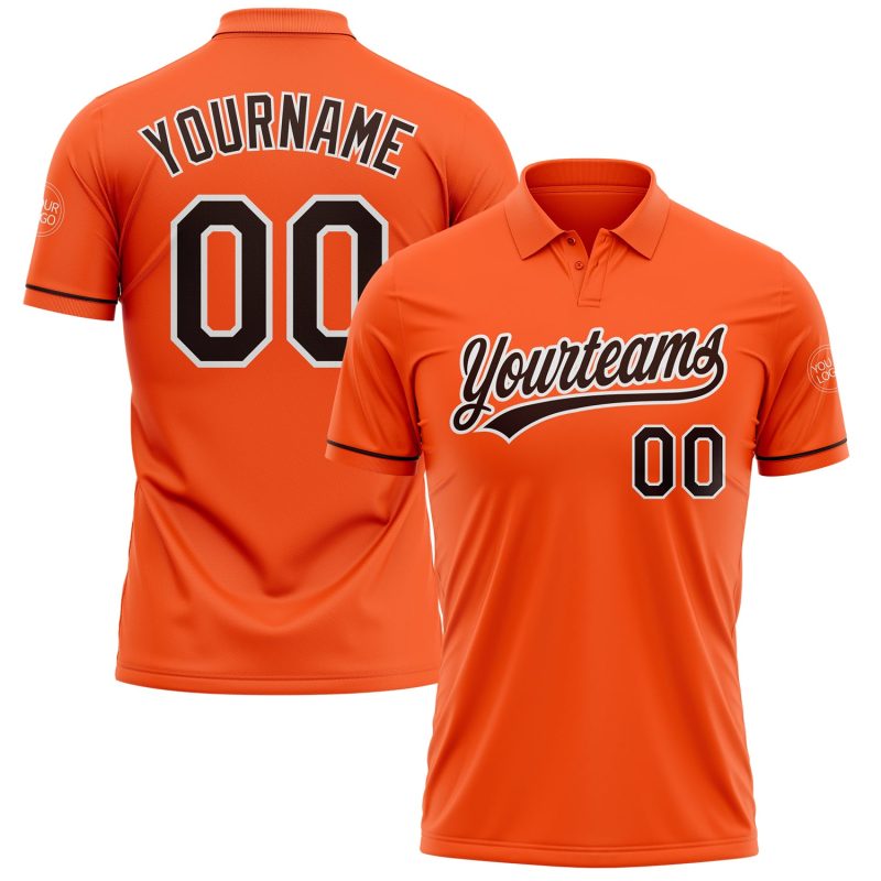 Personalized Orange Brown-White Performance Vapor Golf Polo Shirt Team Custom Name and Number