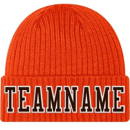 Personalized Orange Brown-White Stitched Cuffed Knit Hat Team Custom Name and Number