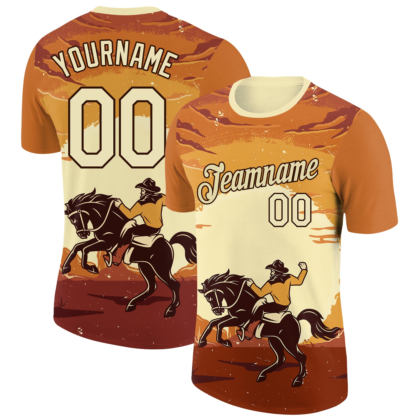 Personalized Orange City Cream-Brown 3D Pattern Design Cowboy Rodeo Performance T-Shirt Team Custom Name and Number