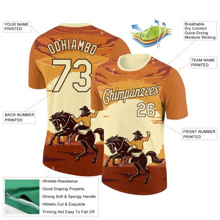Personalized Orange City Cream-Brown 3D Pattern Design Cowboy Rodeo Performance T-Shirt Team Custom Name and Number