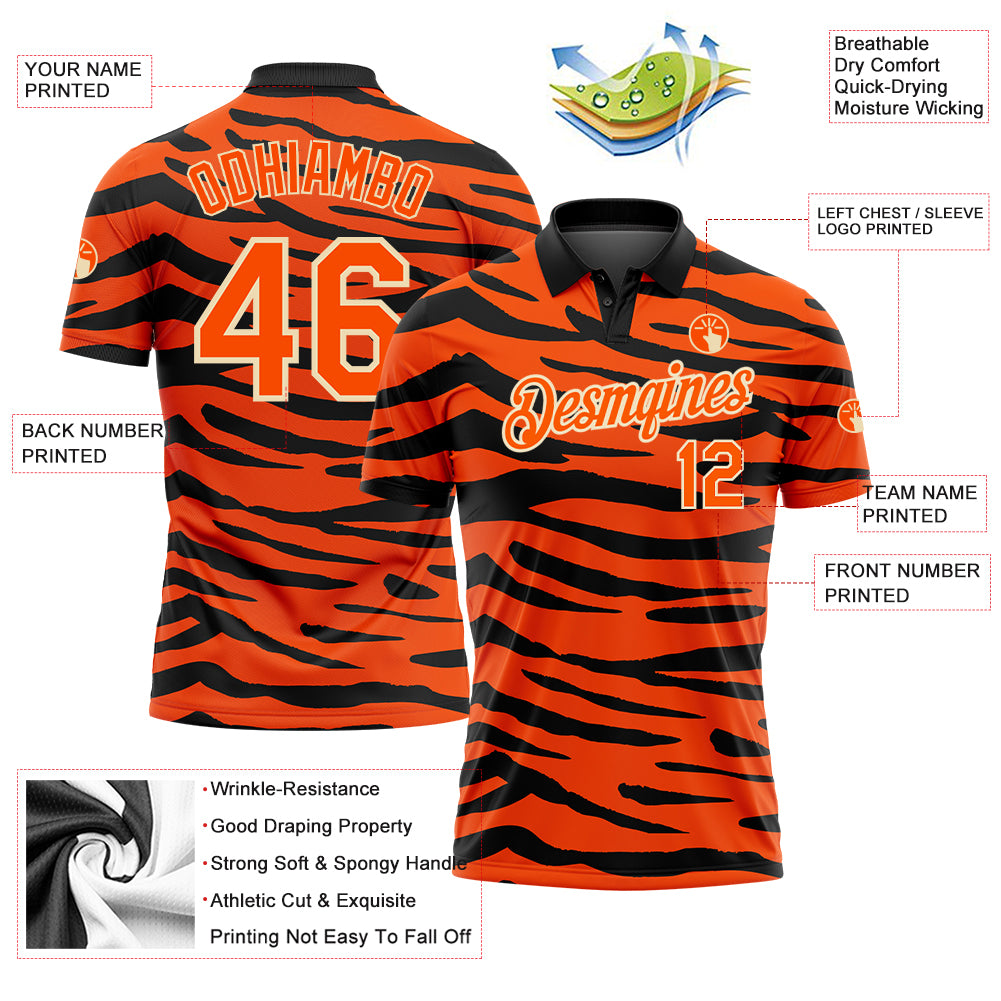 Personalized Orange Cream-Black 3D Pattern Design Tiger Print Performance Golf Polo Shirt Team Custom Name and Number Personalized Orange Cream-Black 3D Pattern Design Tiger Print Performance Golf Polo Shirt Team Custom Name and Number - Image 3