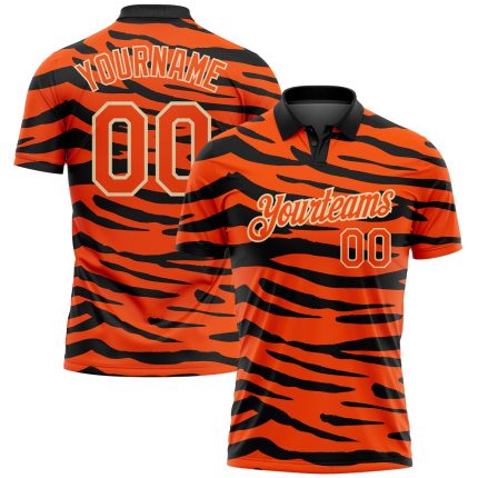 Personalized Orange Cream-Black 3D Pattern Design Tiger Print Performance Golf Polo Shirt Team Custom Name and Number