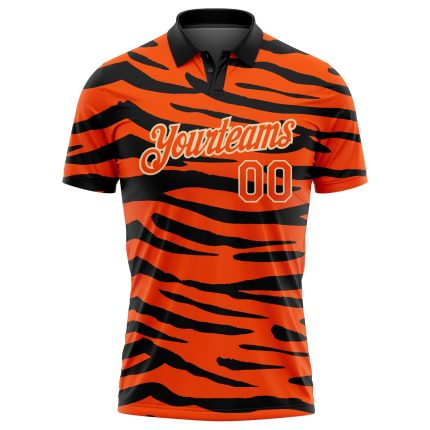 Personalized Orange Cream-Black 3D Pattern Design Tiger Print Performance Golf Polo Shirt Team Custom Name and Number