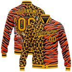 Personalized Orange Gold-Black Tiger And Leopard Print 3D Pattern Design Bomber Full-Snap Varsity Letterman Jacket Team Custom Name and Number
