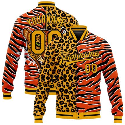 Personalized Orange Gold-Black Tiger And Leopard Print 3D Pattern Design Bomber Full-Snap Varsity Letterman Jacket Team Custom Name and Number