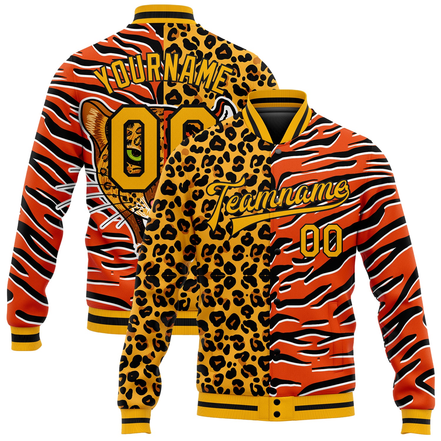 Personalized Orange Gold-Black Tiger And Leopard Print 3D Pattern Design Bomber Full-Snap Varsity Letterman Jacket Team Custom Name and Number