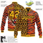 Personalized Orange Gold-Black Tiger And Leopard Print 3D Pattern Design Bomber Full-Snap Varsity Letterman Jacket Team Custom Name and Number