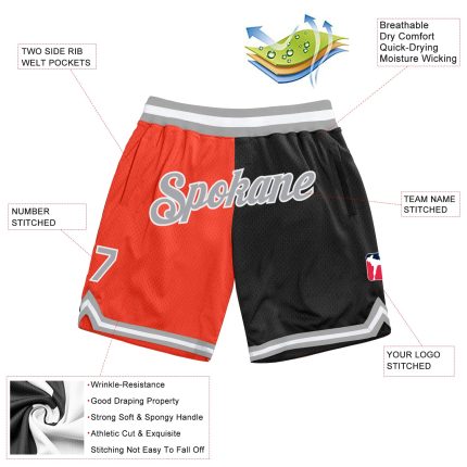 Personalized Orange Gray-Black Authentic Throwback Split Fashion Basketball Shorts Team Custom Name and Number