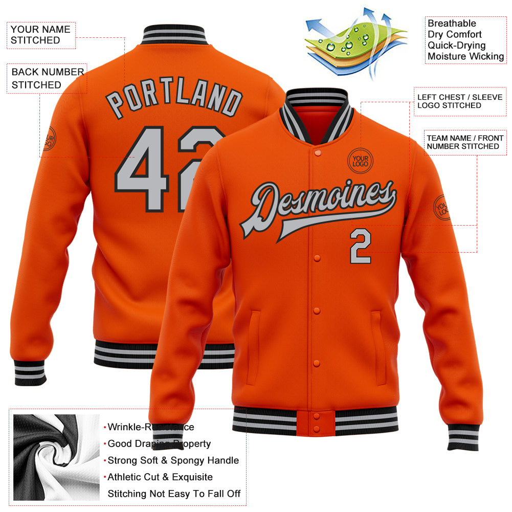 Personalized Orange Gray-Black Bomber Full-Snap Varsity Letterman Jacket Team Custom Name and Number Personalized Orange Gray-Black Bomber Full-Snap Varsity Letterman Jacket Team Custom Name and Number - Image 3