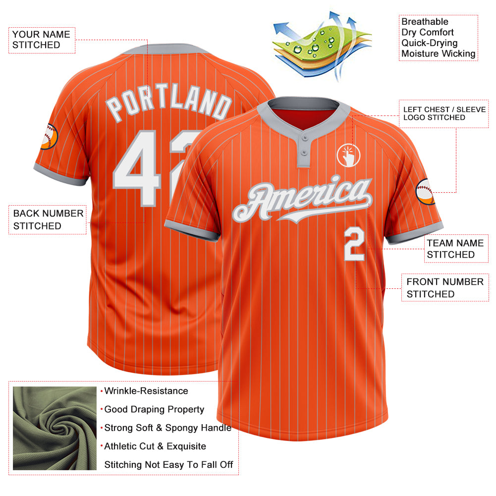 Personalized Orange Gray Pinstripe White Two-Button Unisex Softball Jersey Team Custom Name and Number Personalized Orange Gray Pinstripe White Two-Button Unisex Softball Jersey Team Custom Name and Number - Image 3