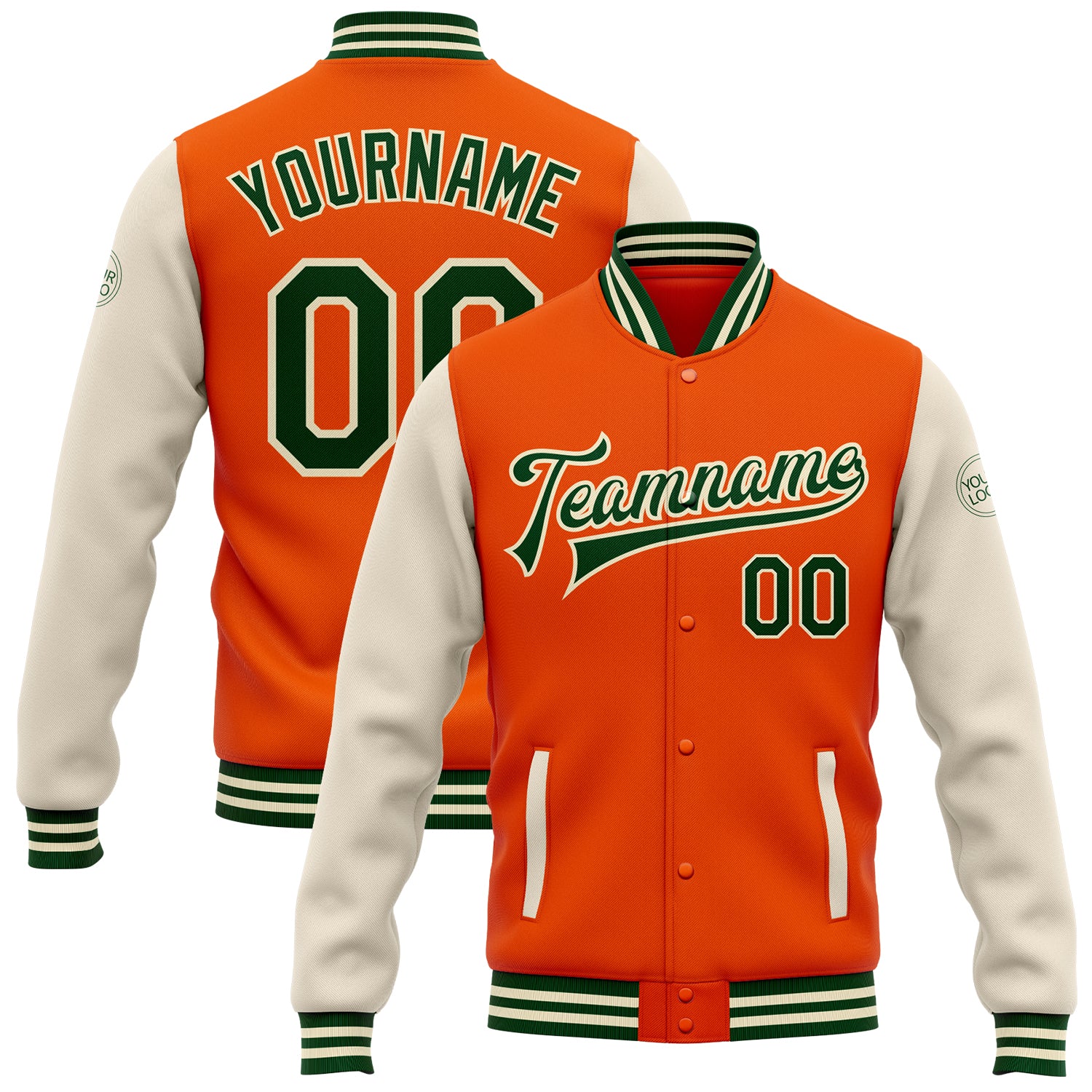 Personalized Orange Green-Cream Bomber Full-Snap Varsity Letterman Two Tone Jacket
