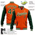 Personalized Orange Green-Cream Bomber Full-Snap Varsity Letterman Two Tone Jacket Team Custom Name and Number