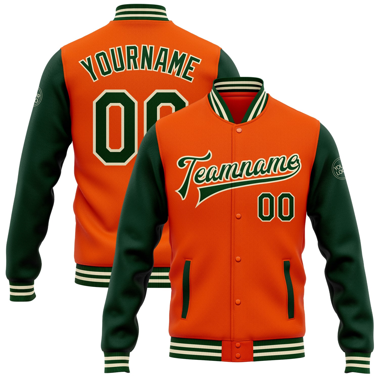 Personalized Orange Green-Cream Bomber Full-Snap Varsity Letterman Two Tone Jacket Team Custom Name and Number