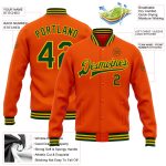 Personalized Orange Green-Gold Bomber Full-Snap Varsity Letterman Jacket Team Custom Name and Number