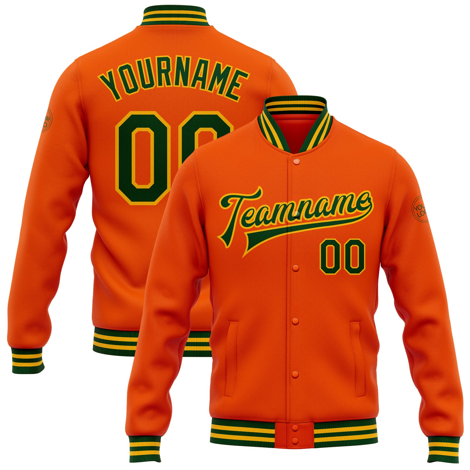 Personalized Orange Green-Gold Bomber Full-Snap Varsity Letterman Jacket Team Custom Name and Number