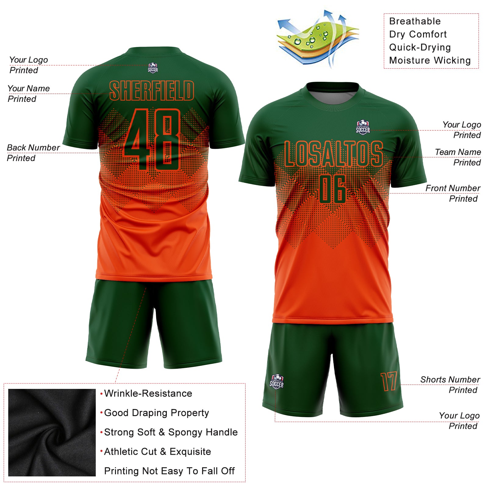Personalized Orange Green Sublimation Soccer Uniform Jersey Team Custom Name and Number Personalized Orange Green Sublimation Soccer Uniform Jersey Team Custom Name and Number - Image 3