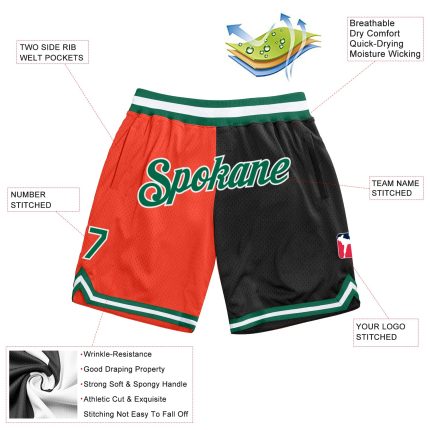 Personalized Orange Kelly Green-Black Authentic Throwback Split Fashion Basketball Shorts Team Custom Name and Number