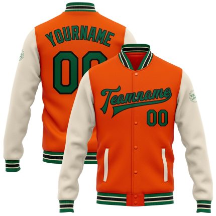 Personalized Orange Kelly Green Black-Cream Bomber Full-Snap Varsity Letterman Two Tone Jacket Team Custom Name and Number